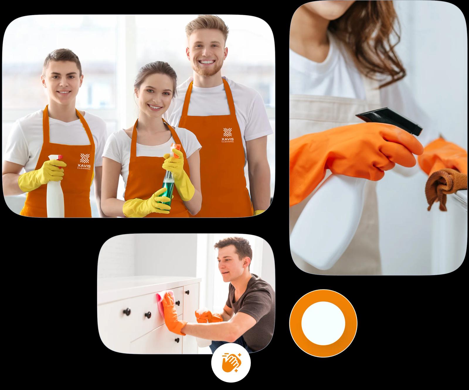 Cleaners in orange aprons and gloves with spray bottles, and a cleaner wiping down a white cabinet